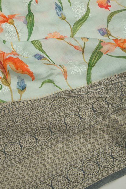 Chanderi Silk Floral Printed And Embroidery Pastel Blue Saree