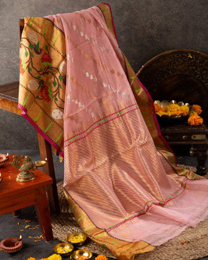 Kota Silk Tissue Jaal Peach Saree
