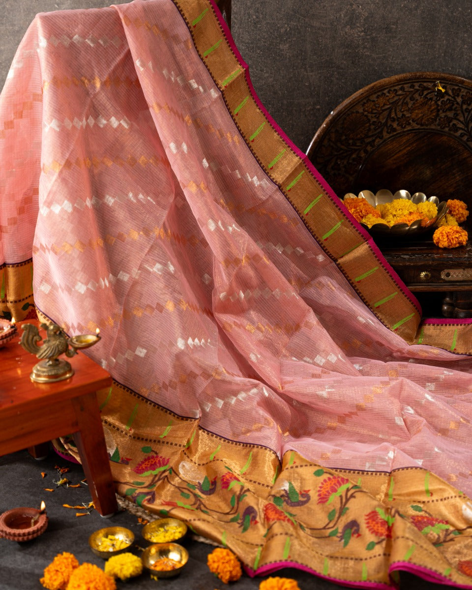 Kota Silk Tissue Jaal Peach Saree