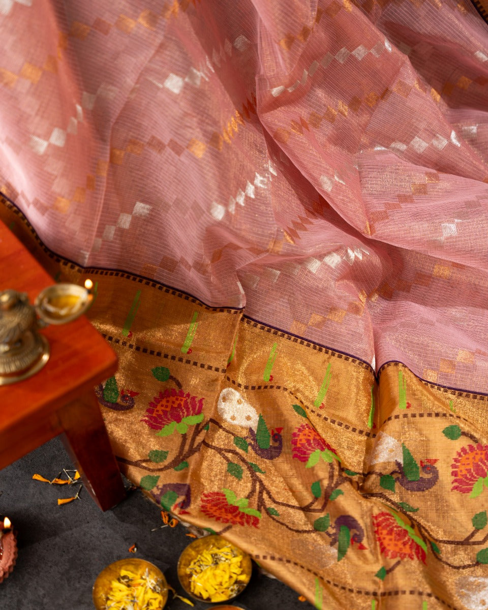 Kota Silk Tissue Jaal Peach Saree