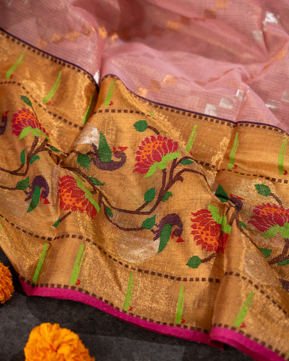 Kota Silk Tissue Jaal Peach Saree