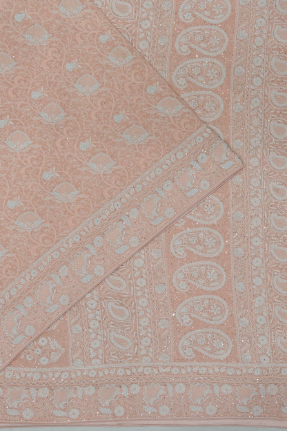 Lucknow Chikankari Georgette Embroidery Peach Saree