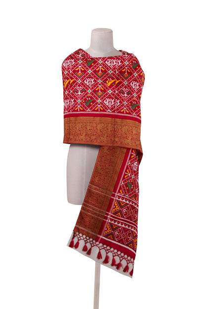 Patan Patola Silk Ikat Red Duppata With Kanchi Border