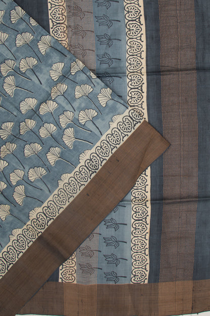 Tussar Floral Printed Elephant Grey Saree