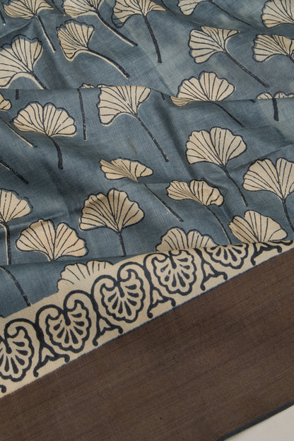 Tussar Floral Printed Elephant Grey Saree