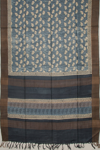 Tussar Floral Printed Elephant Grey Saree