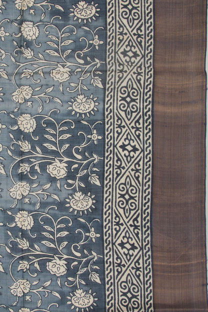 Tussar Floral Printed Blue Saree