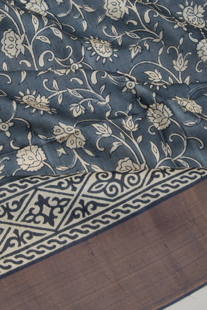 Tussar Floral Printed Blue Saree