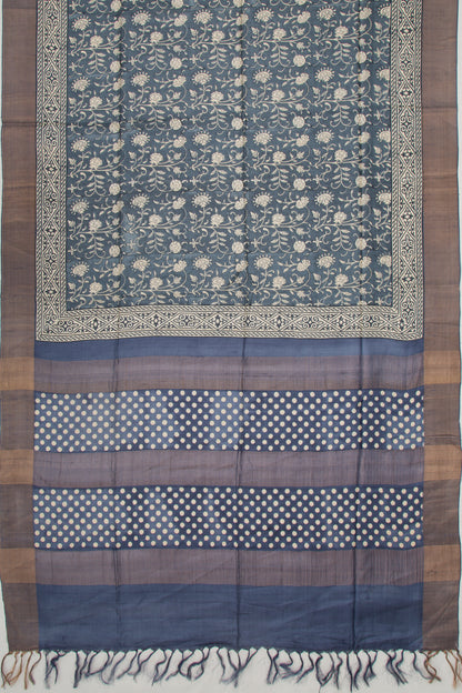Tussar Floral Printed Blue Saree