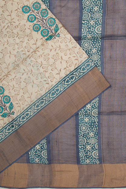 Tussar Floral Printed Cream Saree