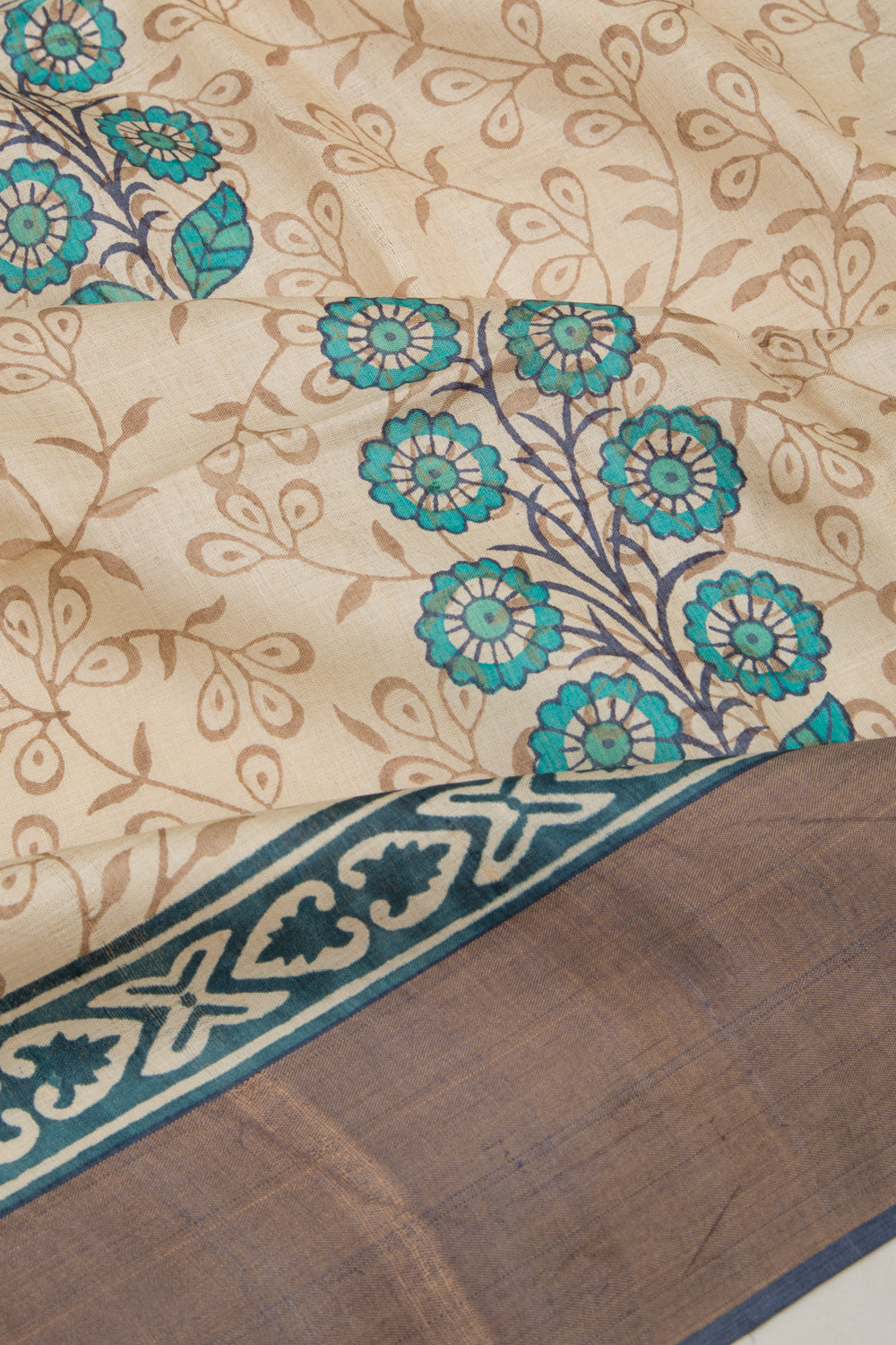Tussar Floral Printed Cream Saree