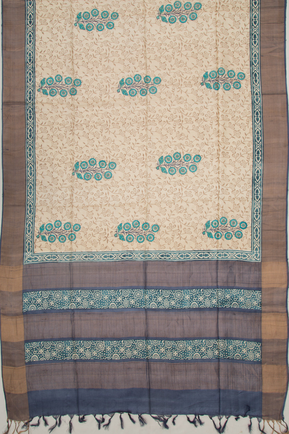Tussar Floral Printed Cream Saree
