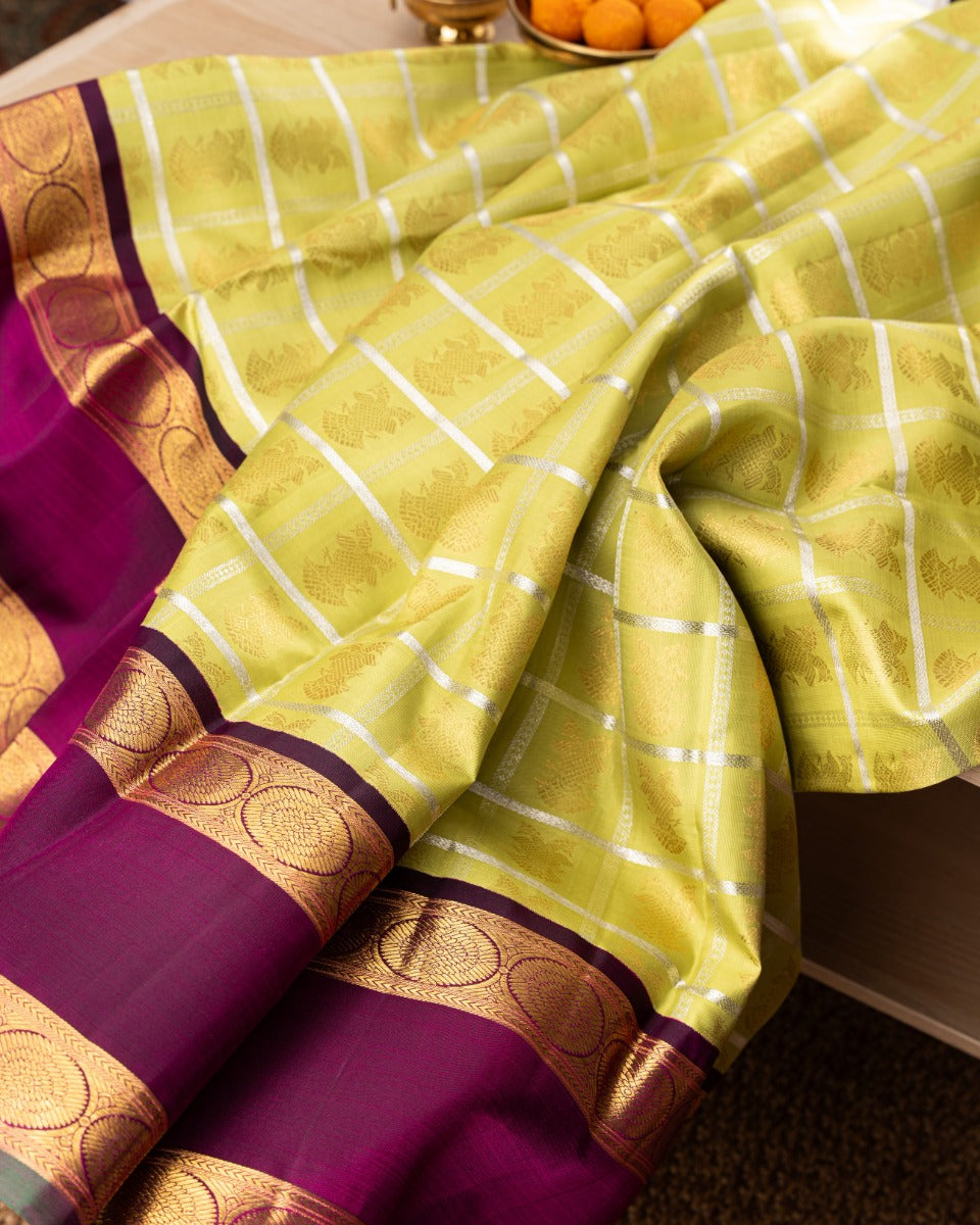 Kanchipuram Silk Checks And Butta Green Saree