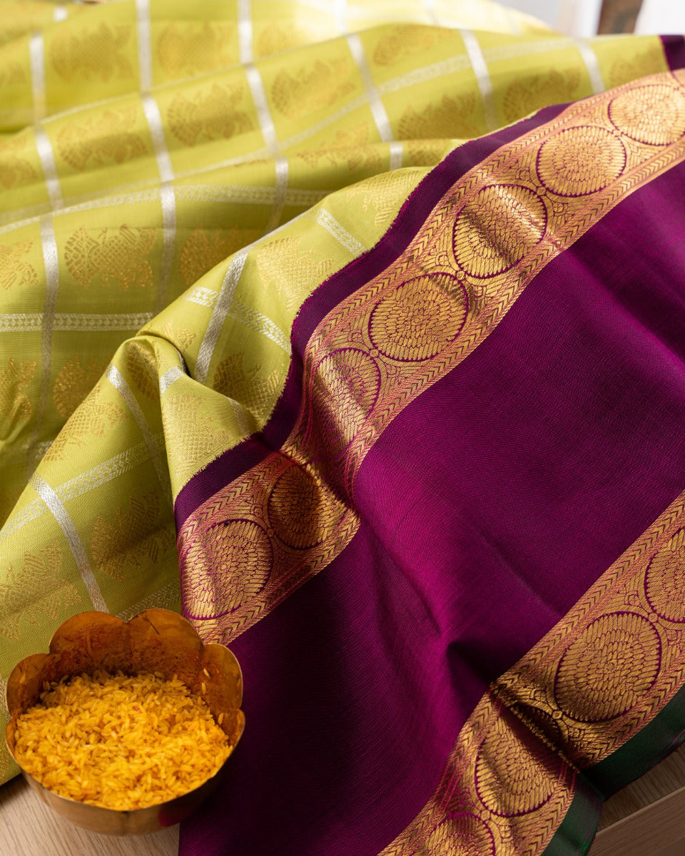 Kanchipuram Silk Checks And Butta Green Saree