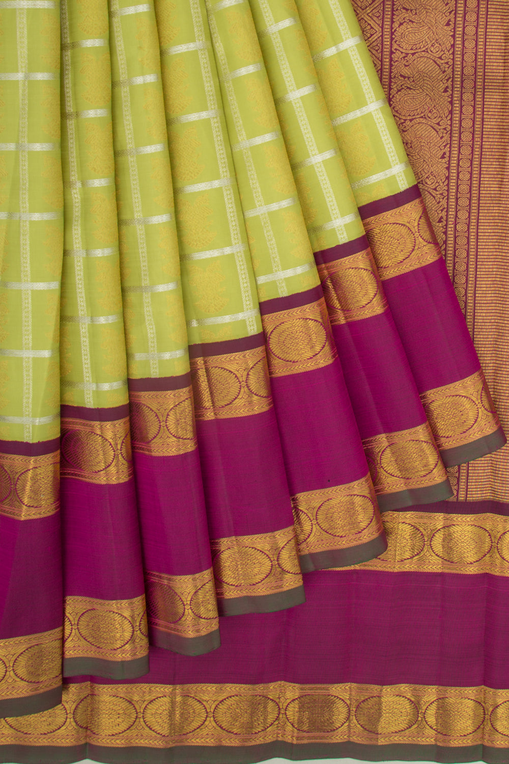 Kanchipuram Silk Checks And Butta Green Saree