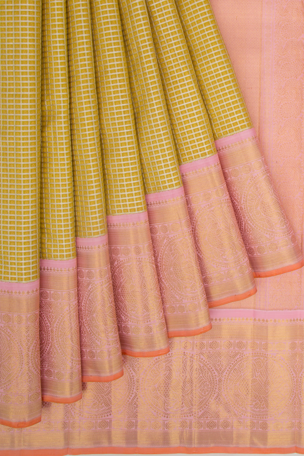 Kanchipuram Silk Checks And Butta Mehendi Green Saree