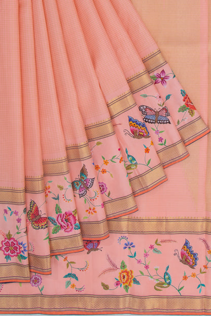 Petite Point Kanchipuram Silk Checks Embroidery Peach Saree