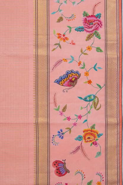 Petite Point Kanchipuram Silk Checks Embroidery Peach Saree