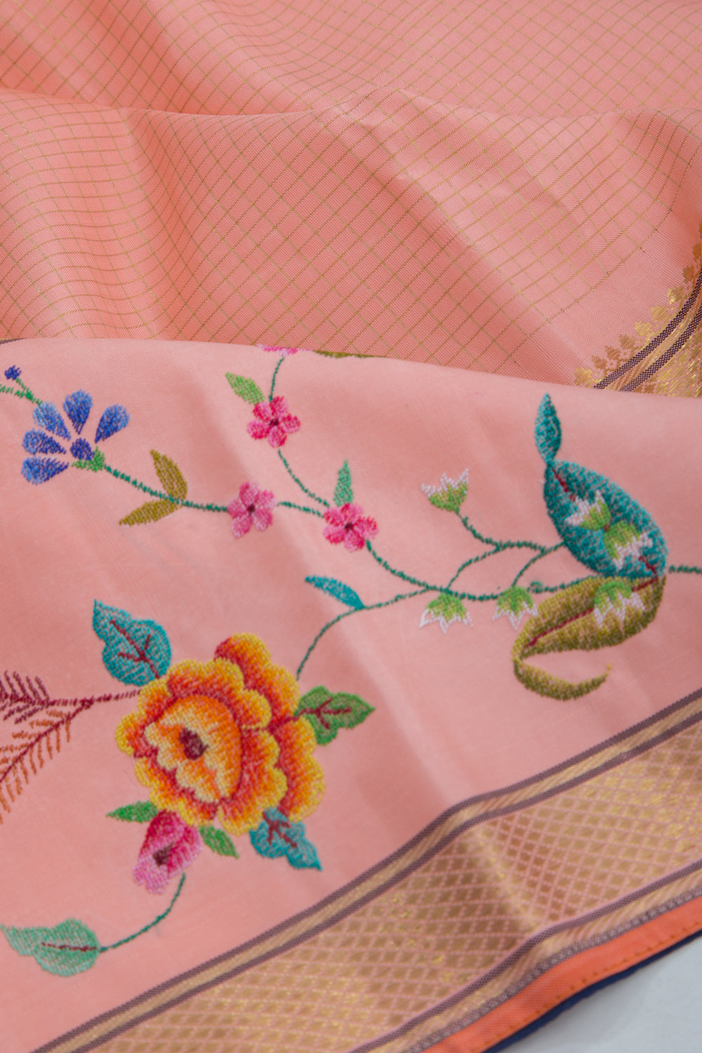 Petite Point Kanchipuram Silk Checks Embroidery Peach Saree