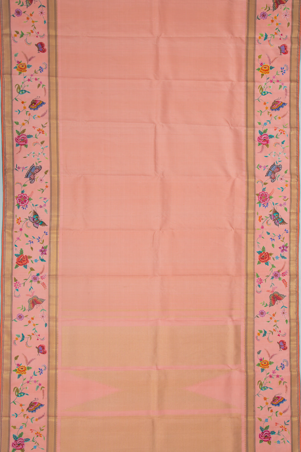 Petite Point Kanchipuram Silk Checks Embroidery Peach Saree