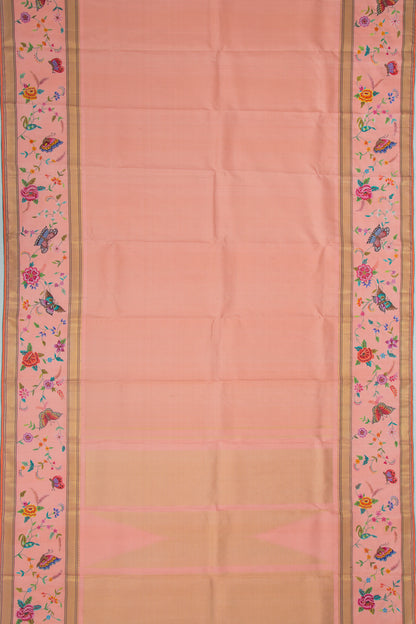 Petite Point Kanchipuram Silk Checks Embroidery Peach Saree