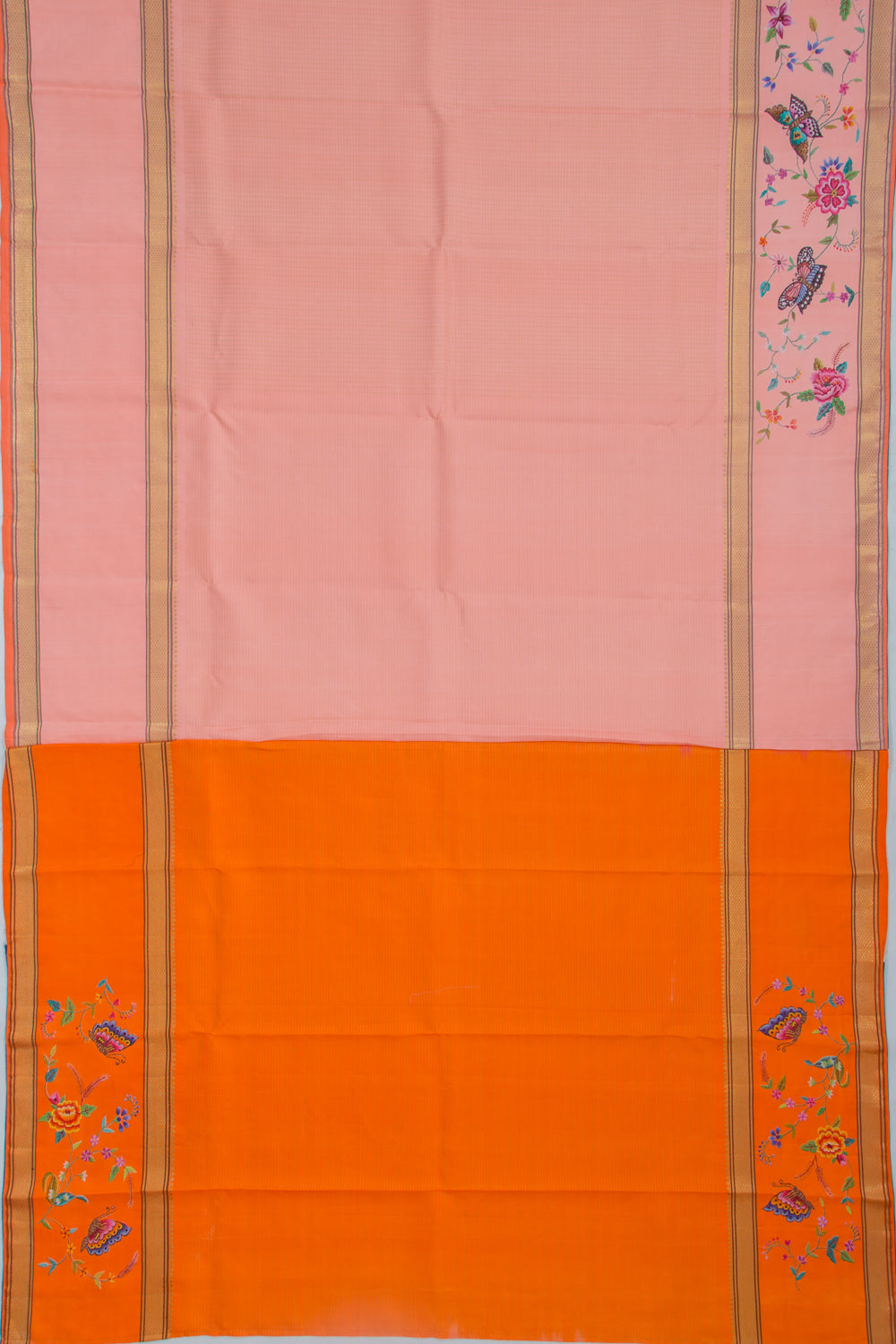 Petite Point Kanchipuram Silk Checks Embroidery Peach Saree