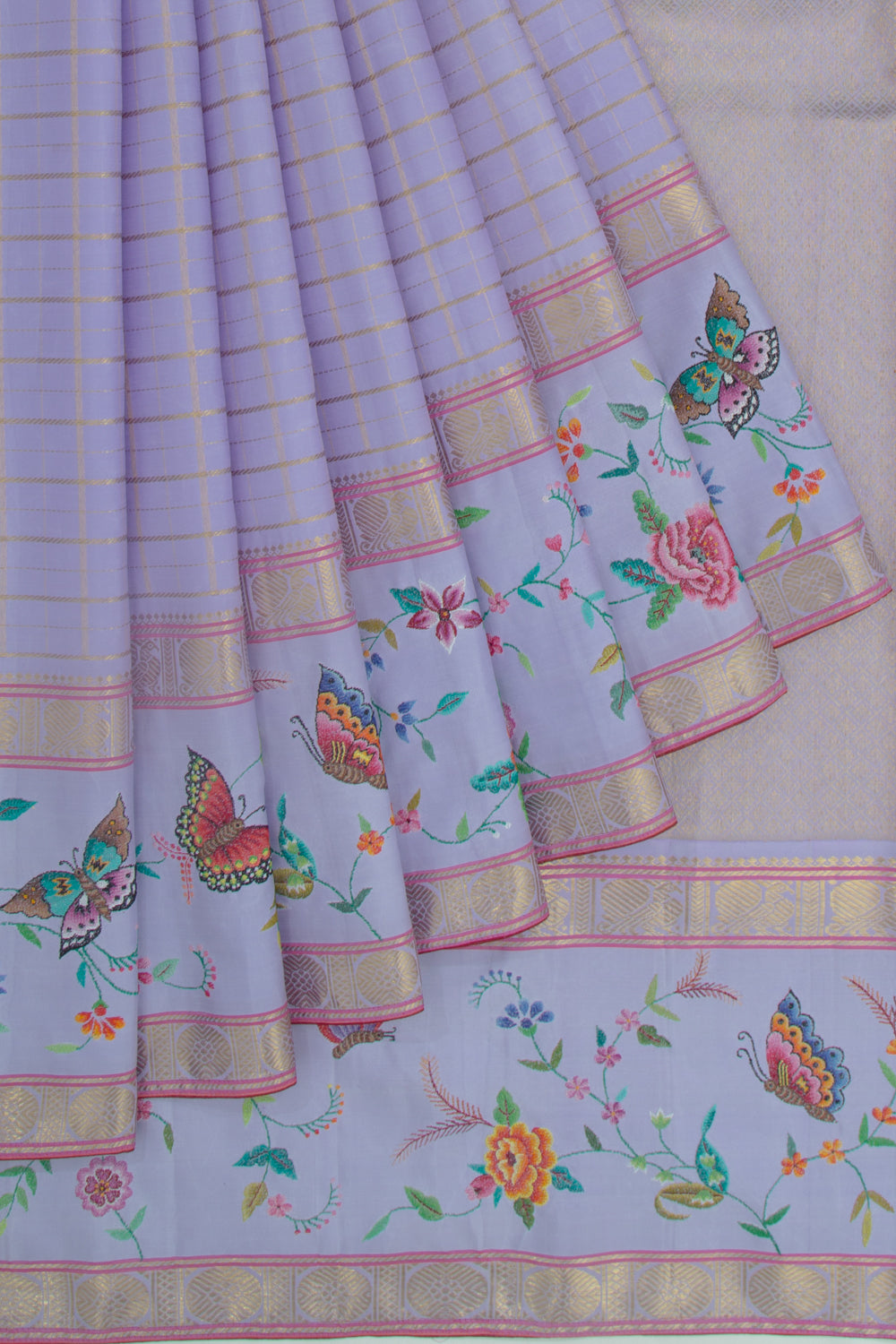 Petite Point Kanchipuram Silk Checks Embroidery Pastel Blue Saree