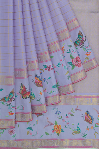 Petite Point Kanchipuram Silk Checks Embroidery Pastel Blue Saree