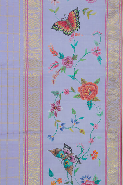 Petite Point Kanchipuram Silk Checks Embroidery Pastel Blue Saree