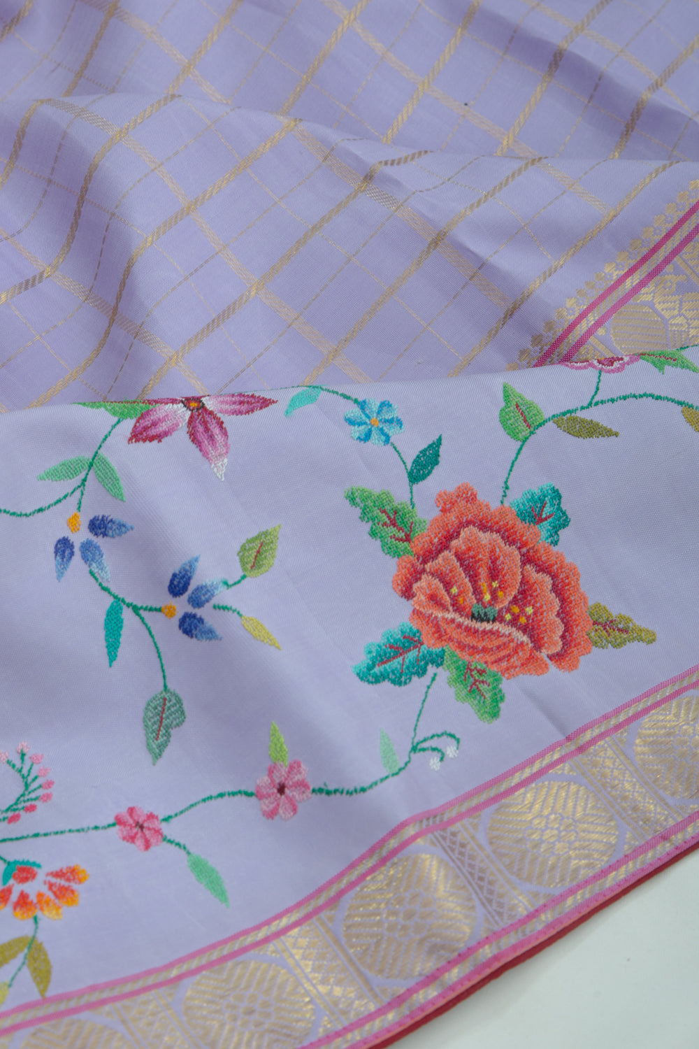 Petite Point Kanchipuram Silk Checks Embroidery Pastel Blue Saree