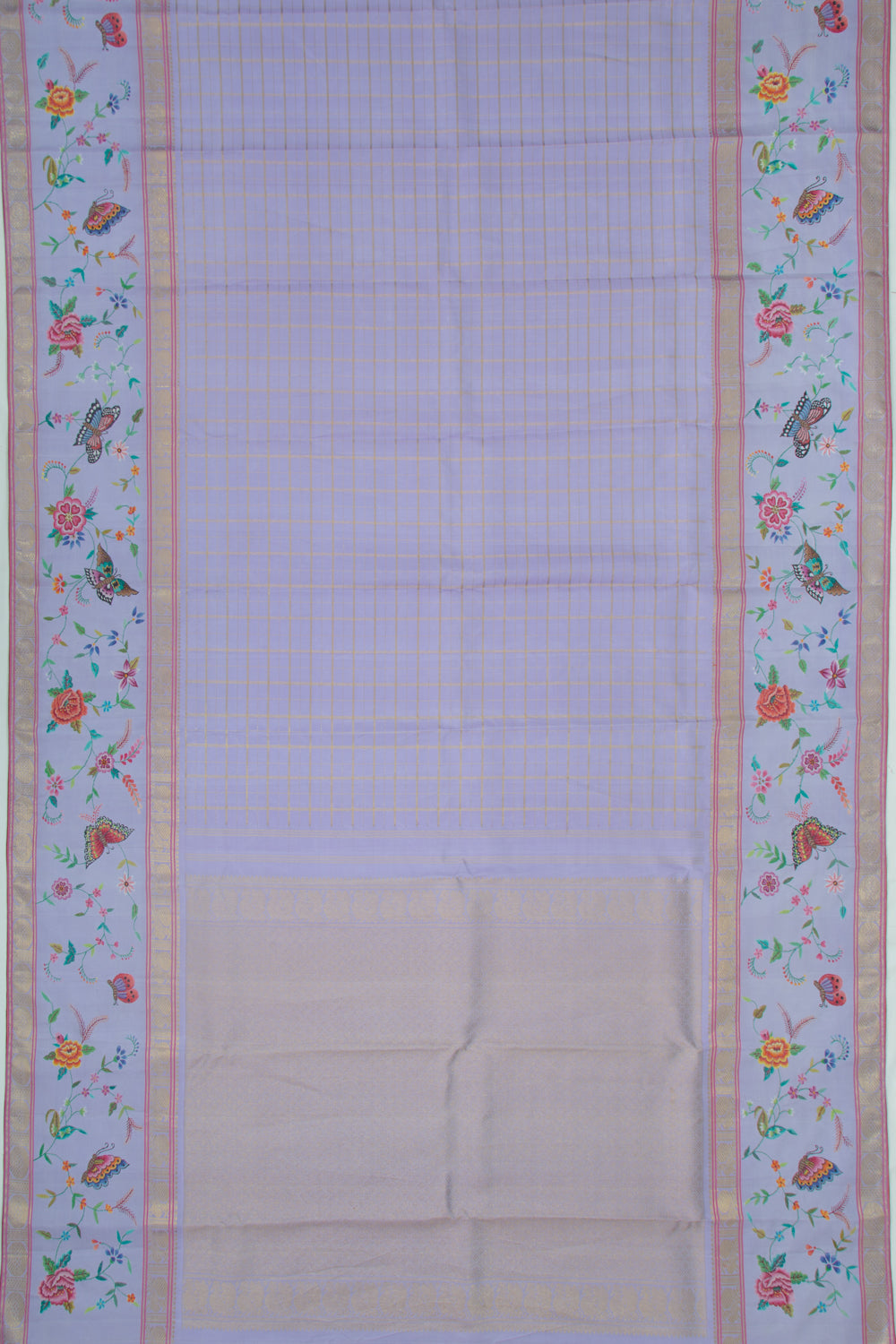 Petite Point Kanchipuram Silk Checks Embroidery Pastel Blue Saree
