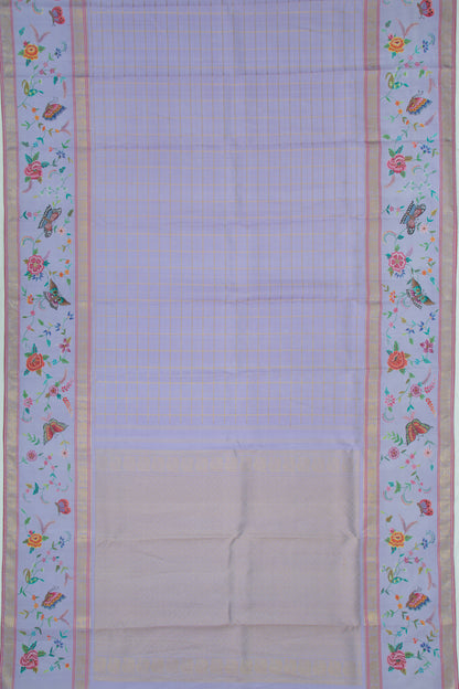 Petite Point Kanchipuram Silk Checks Embroidery Pastel Blue Saree