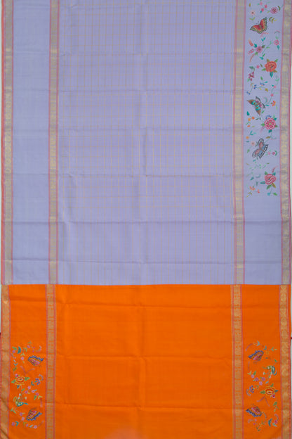 Petite Point Kanchipuram Silk Checks Embroidery Pastel Blue Saree