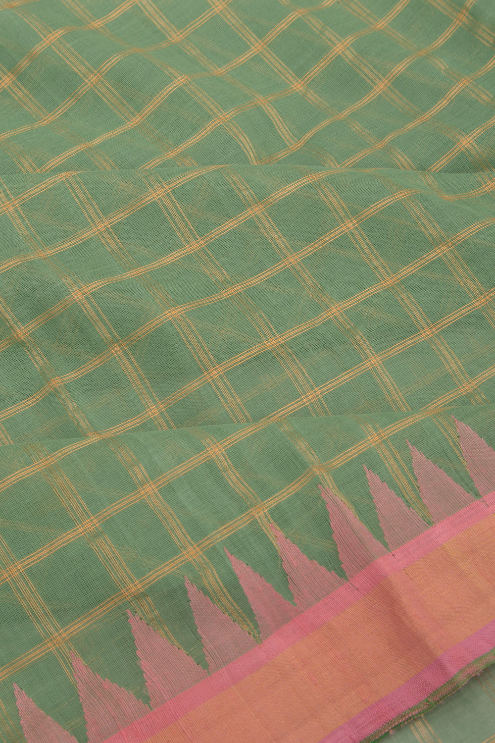 Ponduru Handspun Cotton Checks Green Saree