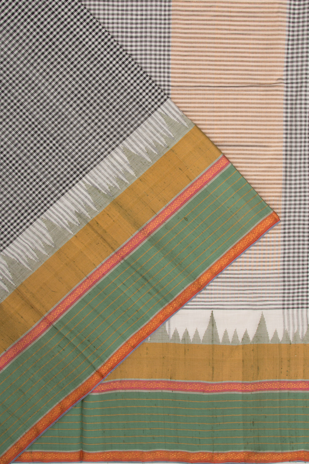 Ponduru Handspun Cotton Checks Black And White Saree