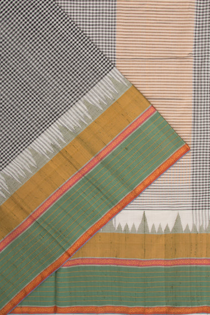 Ponduru Handspun Cotton Checks Black And White Saree