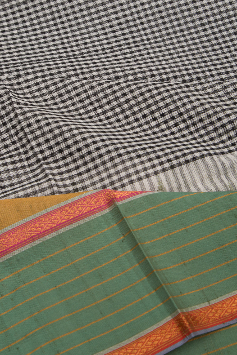 Ponduru Handspun Cotton Checks Black And White Saree