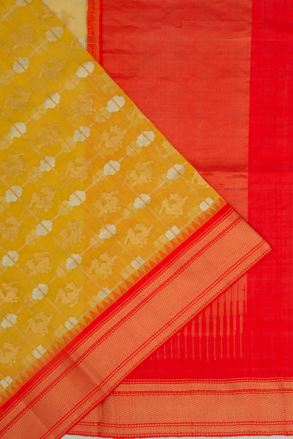 Ponduru Handspun Cotton Checks And Butta Yellow Saree