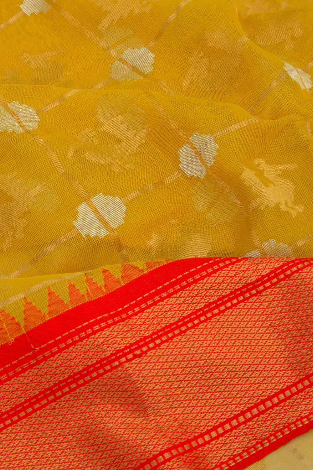 Ponduru Handspun Cotton Checks And Butta Yellow Saree