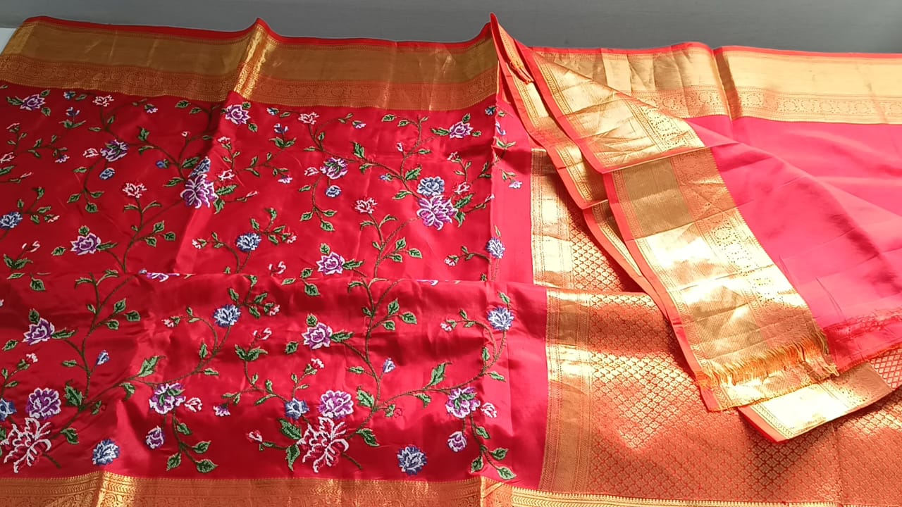 Kanchipuram Silk Embroidery Red Saree