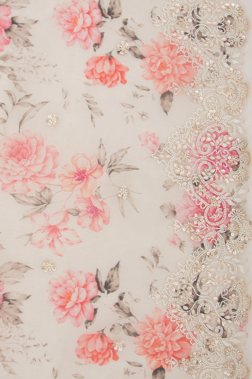 Organza Floral Printed White Saree With Scallop Gotta Patti Work Border