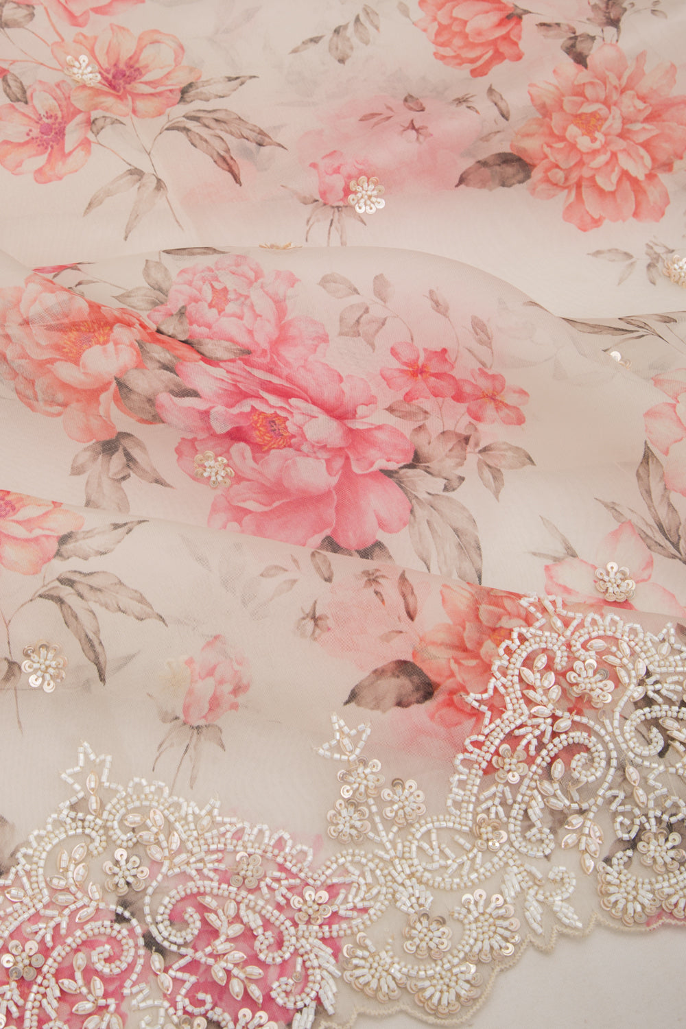 Organza Floral Printed White Saree With Scallop Gotta Patti Work Border