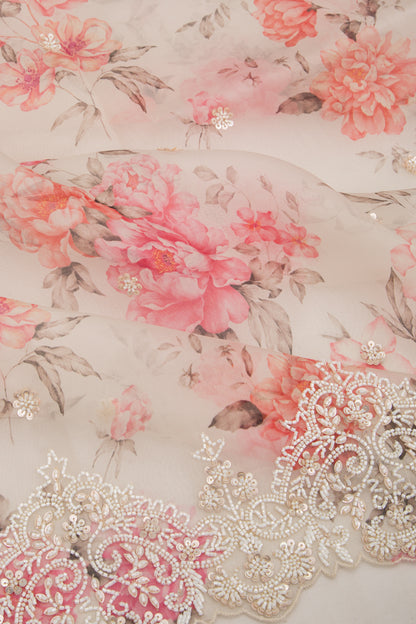 Organza Floral Printed White Saree With Scallop Gotta Patti Work Border