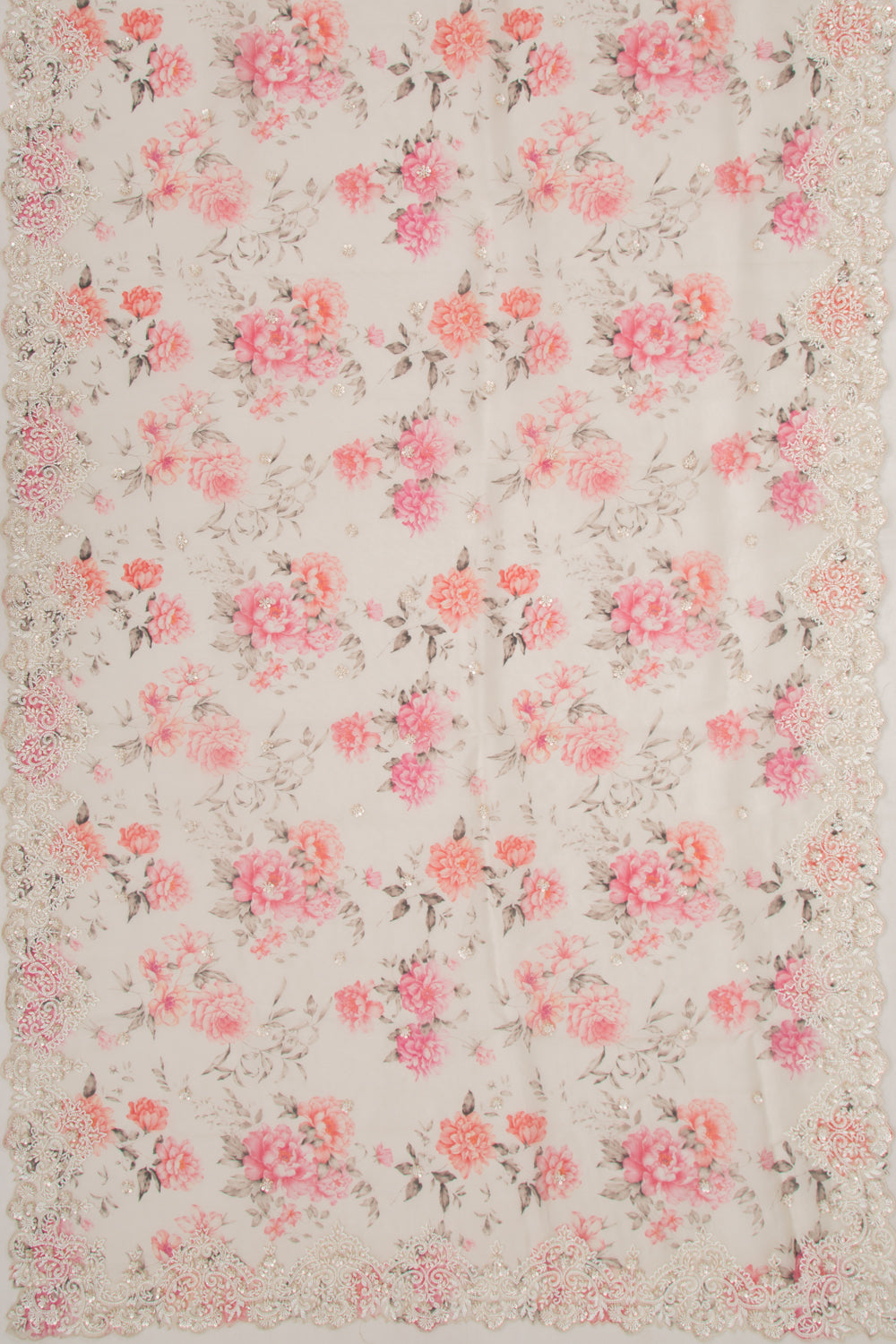 Organza Floral Printed White Saree With Scallop Gotta Patti Work Border