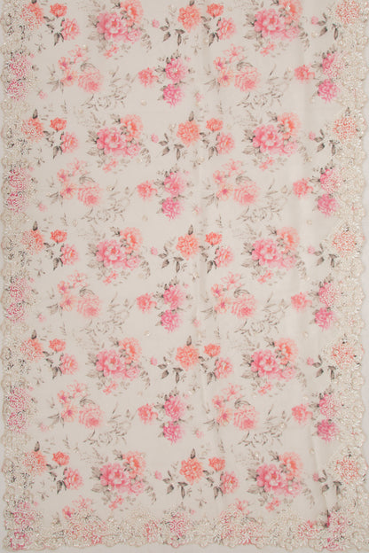 Organza Floral Printed White Saree With Scallop Gotta Patti Work Border