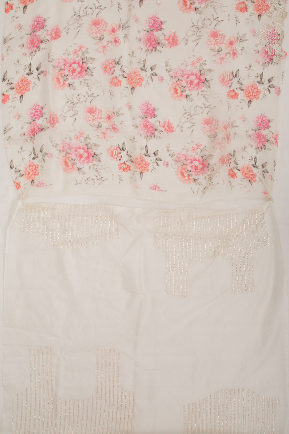 Organza Floral Printed White Saree With Scallop Gotta Patti Work Border