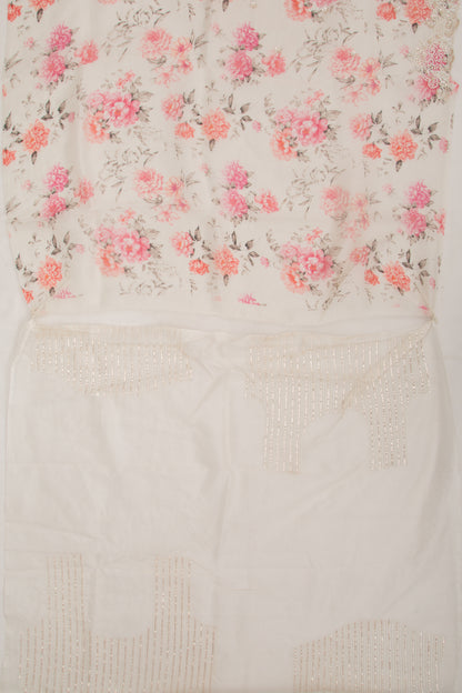 Organza Floral Printed White Saree With Scallop Gotta Patti Work Border