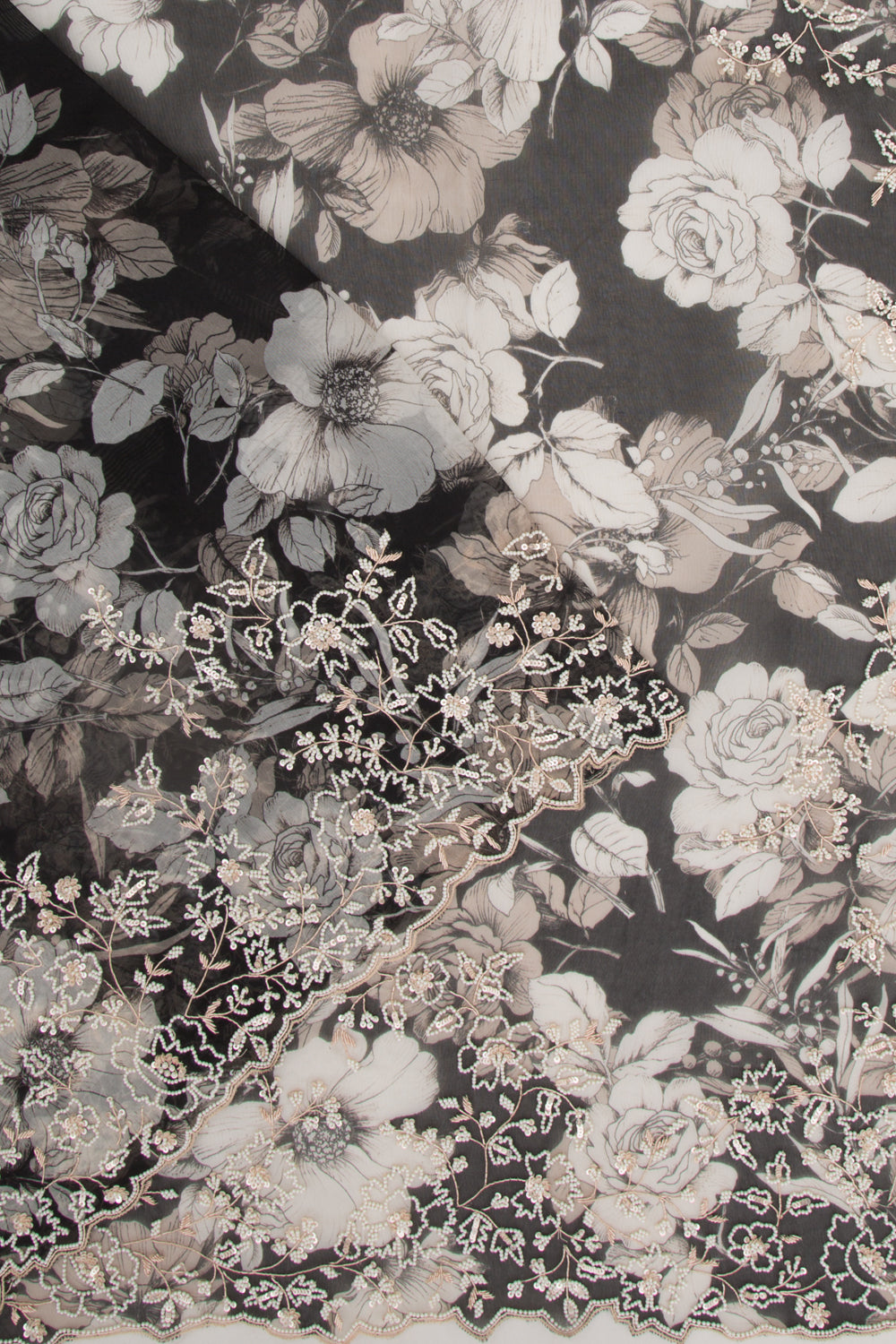 Organza Floral Printed Black Saree With Scallop Gotta Patti Work Border