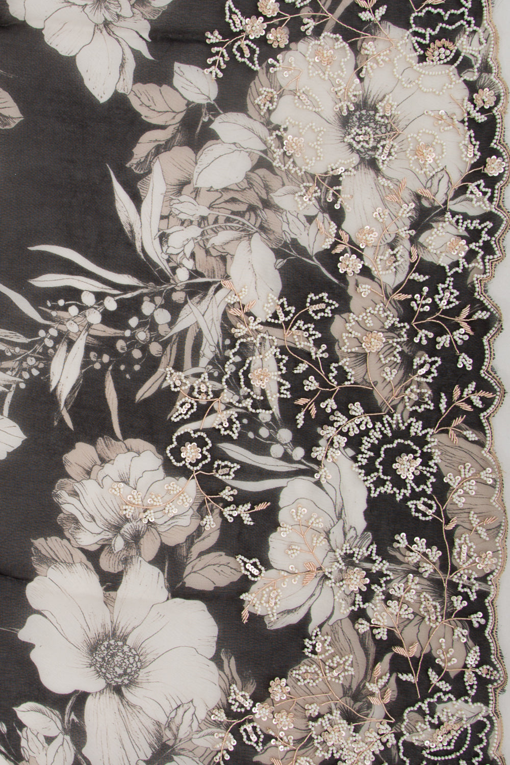 Organza Floral Printed Black Saree With Scallop Gotta Patti Work Border