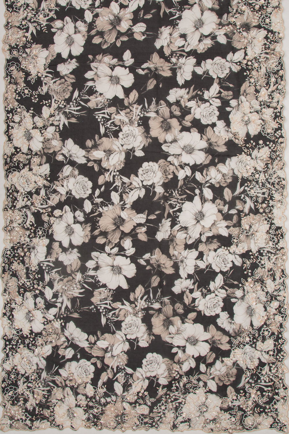 Organza Floral Printed Black Saree With Scallop Gotta Patti Work Border